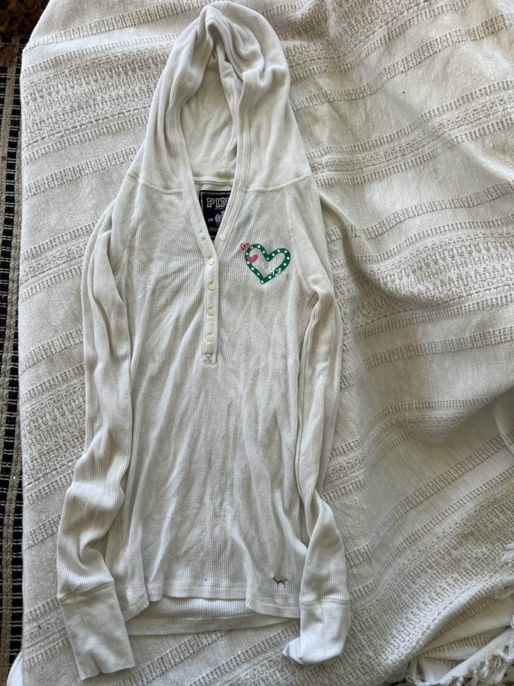 PINK White Hooded Henley with Green Heart Patch